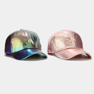 Metallic laser and rose gold PU baseball caps featuring a textured wrinkled finish
