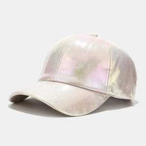 Detail of the holographic PU leather texture and shimmering finish on the baseball cap