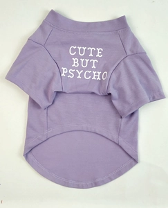 Purple cotton pet T-shirt with white CUTE BUT PSYCHO print and round neck design