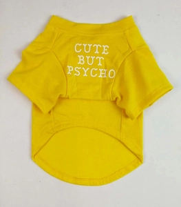Detail view of yellow cotton pet T-shirt with CUTE BUT PSYCHO print for French Bulldogs
