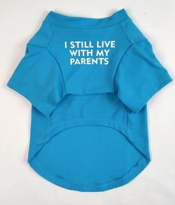 Detail of blue cotton pet T-shirt featuring I Still Live With My Parents white text print