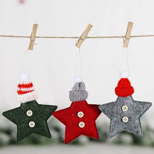 Three felt star ornaments with knitted Christmas hats and wooden buttons on a twine
