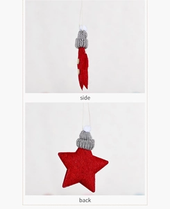 Side and back view of red felt star ornament with grey knitted hat for Christmas trees