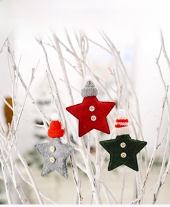 Detail of star-shaped Christmas felt ornaments with knitted hats and wooden buttons
