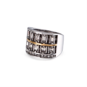 Wide 304 stainless steel ring with gold stripe and rows of sparkling cubic zirconia