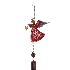 Detail of red metal angel wind chime with painted accents and a vintage bronze bell