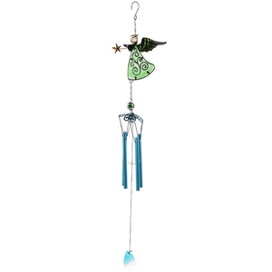 Detailed view of the glass painted angel wind chime with blue metal tubes and a teardrop pendant