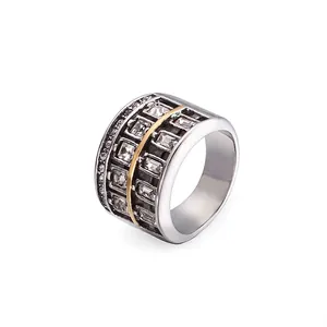 Wide Band Ring 304 Stainless Steel Two Tone Silver Gold Color Square Cubic Zirconia Inlaid Retro Unisex Fashion Jewelry