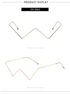 Detailed views of gold wave-shaped metal frame sunglasses model C01 with geometric design