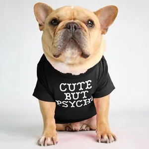 Close-up of black pet T-shirt with white CUTE BUT PSYCHO lettering on a French Bulldog