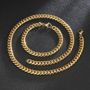 Polished 8mm gold stainless steel Cuban link chain necklace and bracelet jewelry set