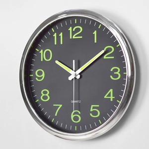 12-inch luminous wall clock with silver frame and glowing quartz digits for living room