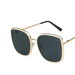 Classic oversized white square frame sunglasses with black lenses and slim gold metal temples
