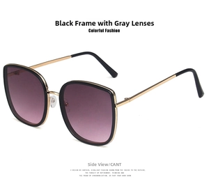 Side view of white fashion sunglasses with black frame, gradient grey lenses and metal temples