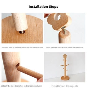 Detail guide showing assembly steps of a beech wood tree-shaped mug and jewelry rack