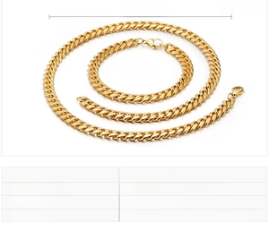 Polished 8mm gold Cuban link chain necklace and bracelet set made of stainless steel