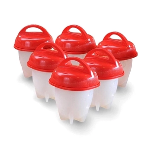 Set of 6 silicone egg cookers with red lids and translucent bodies on white background