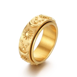 Minimalist spinning sun moon star relief ring in gold finish stainless steel for men