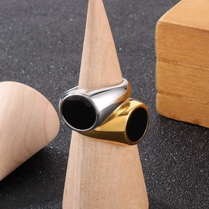 Polished titanium steel signet rings with black enamel inlay in silver and gold finishes