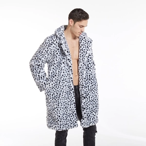 Men's long faux fur coat with black and white spotted print and lapel collar design