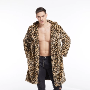 Men's long faux fur coat with leopard print and notched lapel for luxury winter style