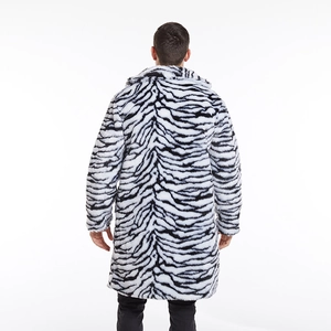 Men's faux fur long coat with zebra stripes in black and white pattern shown from back