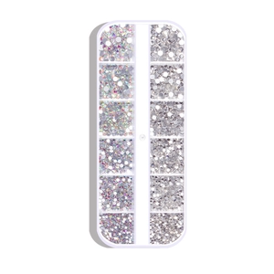 Nail art crystal rhinestones set in 12-slot storage case with AB and clear colors