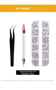 Detail of 86g nail art kit with ESD-15 tweezers, wax pen and mixed size rhinestones