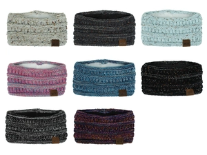 Detail showing eight assorted colors of knitted thermal headbands with MOK label
