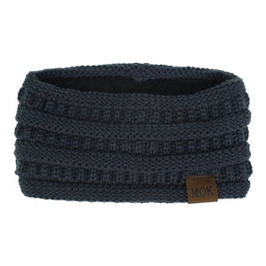 Detail of dark gray fleece-lined knit headband with MOK brown leather label