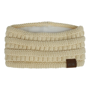 Detail of beige fleece-lined knit headband with soft plush lining and MOK leather tag