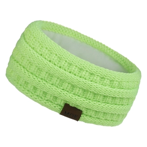 Detail of green knit ear warmer headband with brown MOK leather label on white background