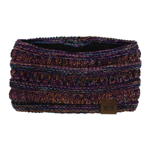 Close-up of knit headband with warm fleece lining and leather logo tag detailing