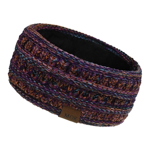 Close-up of knit winter headband featuring warm black fleece lining and MOK leather tag