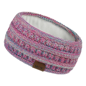 Detail of pink and blue knit headband with soft white fleece lining and MOK leather tag
