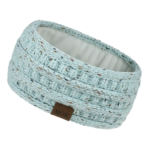 Detailed knit texture of light blue headband with colorful specks and MOK leather patch