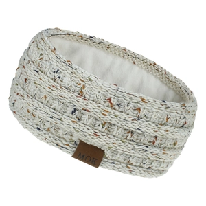 Winter fleece-lined knitted headband in beige mix with MOK label for ear protection