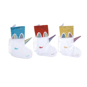 Set of 3 unicorn Christmas stockings with colorful sequins and white faux fur texture