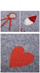 Detalle de gnomo nórdico rojo y corazón de lunares en falda de árbol de Navidad gris