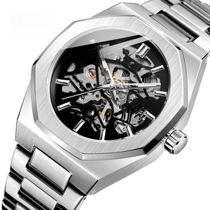 Macro view of skeleton mechanical watch showing octagonal steel case and gear details