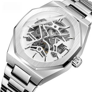 Detail of mechanical skeleton watch face with octagonal brushed metal silver case