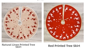 Detail comparison of linen and red Christmas tree skirts with reindeer and star patterns