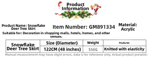 Detailed size chart for the 122cm red knitted Christmas tree skirt with reindeer pattern