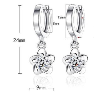 Silver flower earrings with cubic zirconia charms and detailed dimensions 24mm high