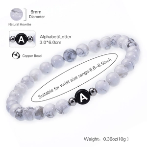 Natural 6mm white turquoise beaded bracelet with letter A charm and copper accents