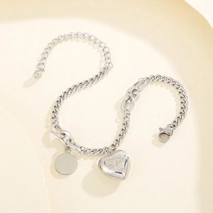 Chic silver stainless steel chain bracelet featuring heart and round engraved pendants