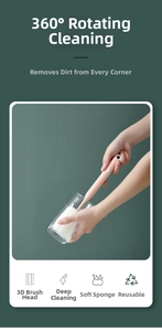Detail of long-handle sponge brush showing soft 360 cleaning head for glass bottles