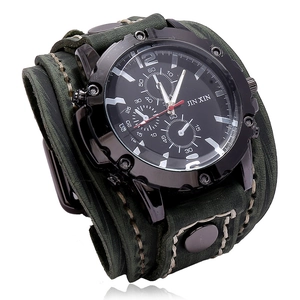 Montre punk homme à large bracelet en cuir vert armée avec surpiqûres blanches et triple cadran