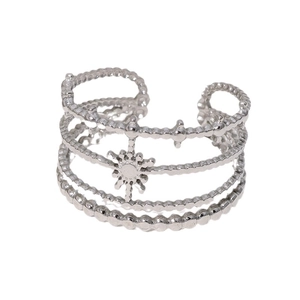 Silver multi-layer stainless steel ring with beaded bands and sunburst center motif