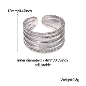 Detail view of adjustable silver multilayer ring showing 12mm height and diameter specs